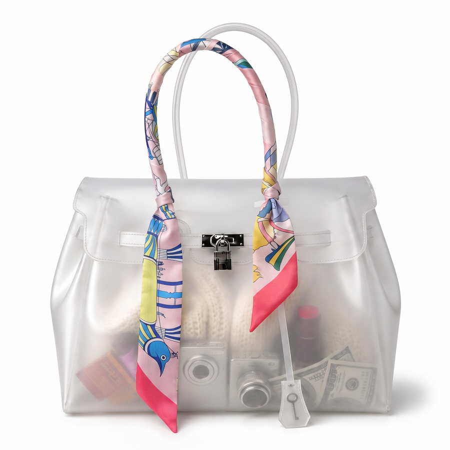 Foulard motif Yara noue sur l anse d un sac cabas transparent Le MAGA edit