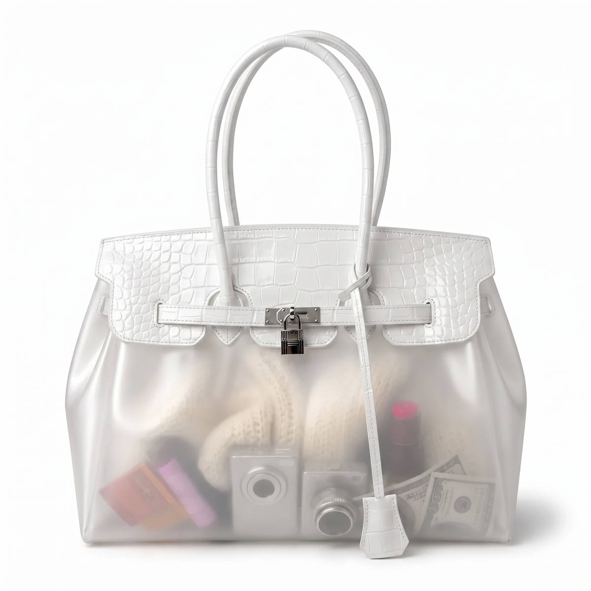 Sac Jelly Croco coloris Midday, rabat croco blanc sur cabas semi transparent givré