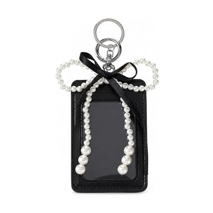 Porte-cartes noir au noeud de perles, fenetre transparente, anneau et mousqueton argentes