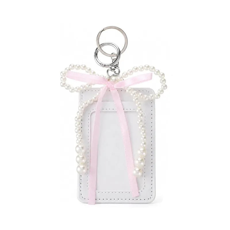 Porte-cartes blanc au noeud de perles et ruban rose, fenetre transparente