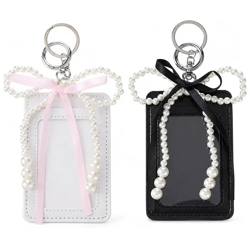 Les deux coloris du porte-cartes noeud perle, blanc et noir, cote a cote