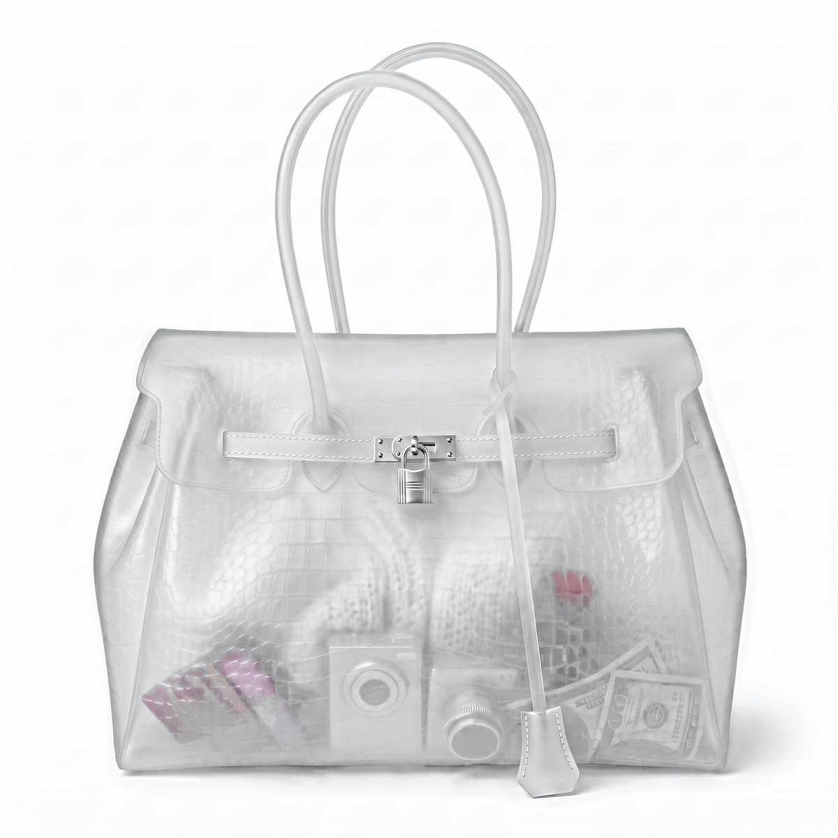 Sac Jelly Croco coloris Blanc opale, cabas semi transparent en TPU croco mat