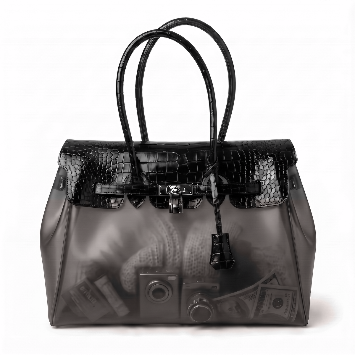 Sac Jelly Croco coloris Midnight, rabat croco noir sur cabas semi transparent fumé