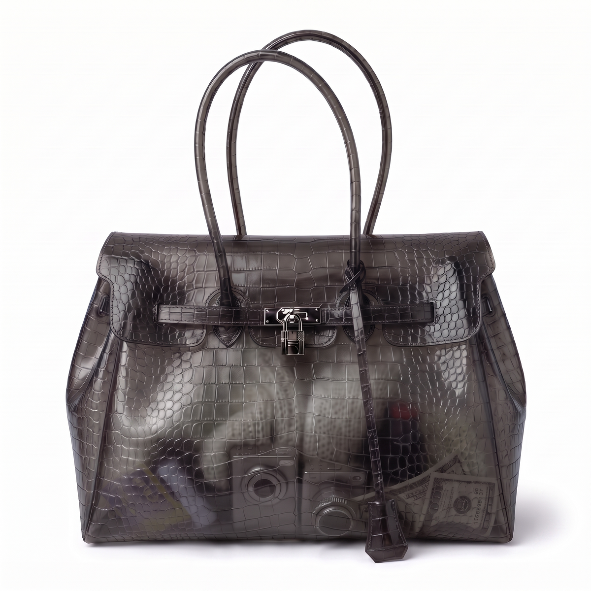Sac Jelly Croco coloris Noir mat, cabas semi transparent en TPU croco mat