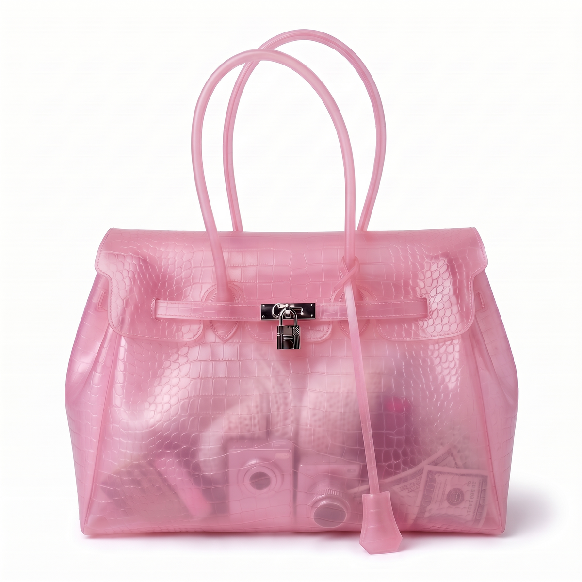 Sac Jelly Croco coloris Rose dragée, cabas semi transparent en TPU croco mat