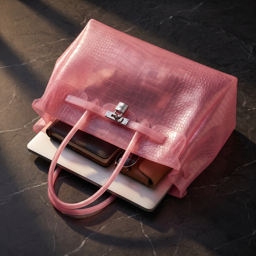 Sac Jelly Croco coloris Rose dragée ouvert, rempli d'un ordinateur portable et d'un carnet