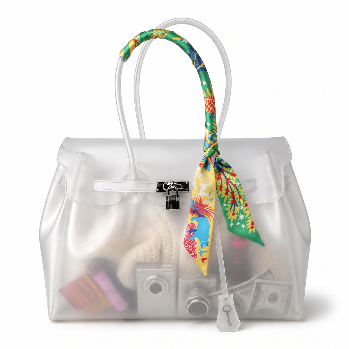 Foulard motif Kai noue sur l anse d un sac cabas transparent Le MAGA edit