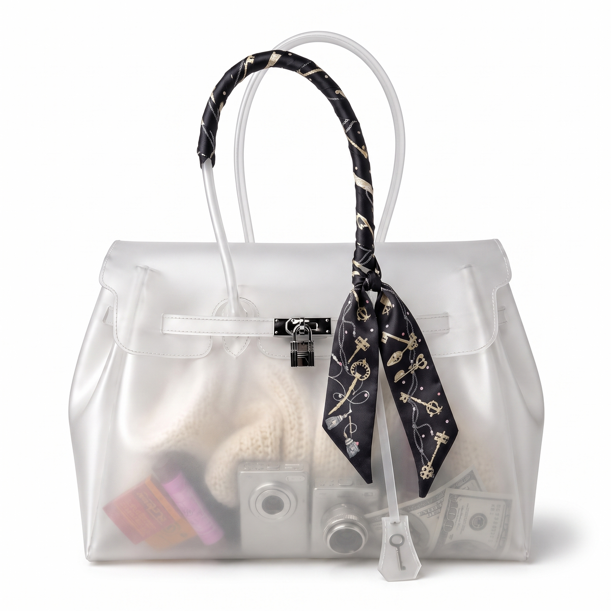 Foulard motif Uma noue sur l anse d un sac cabas transparent Le MAGA edit