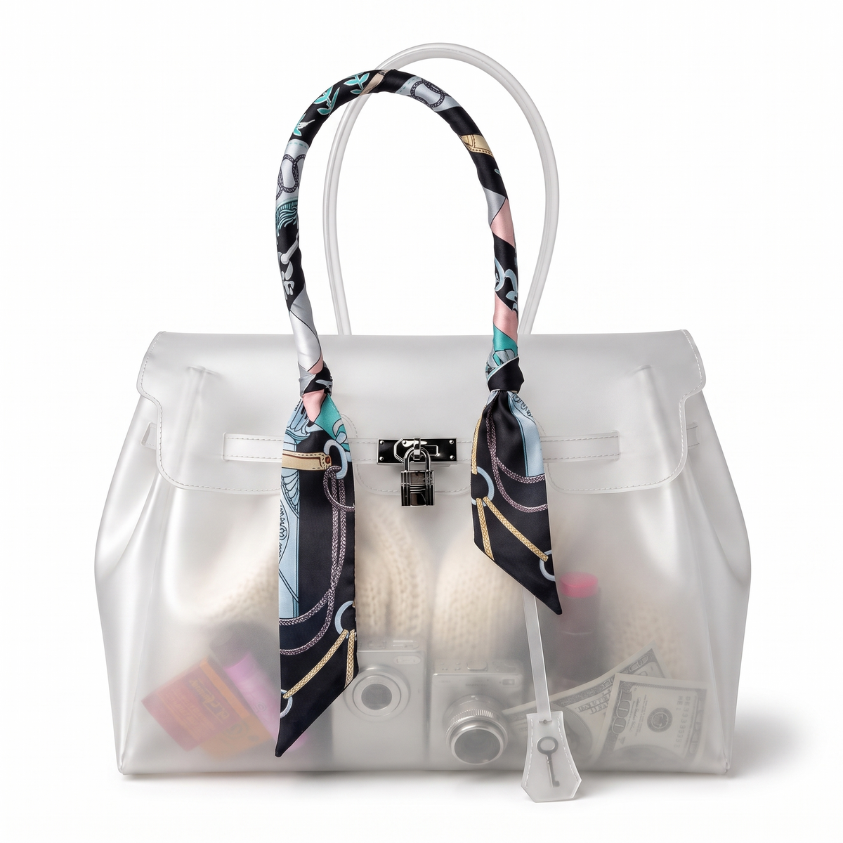 Foulard motif Mila noue sur l anse d un sac cabas transparent Le MAGA edit