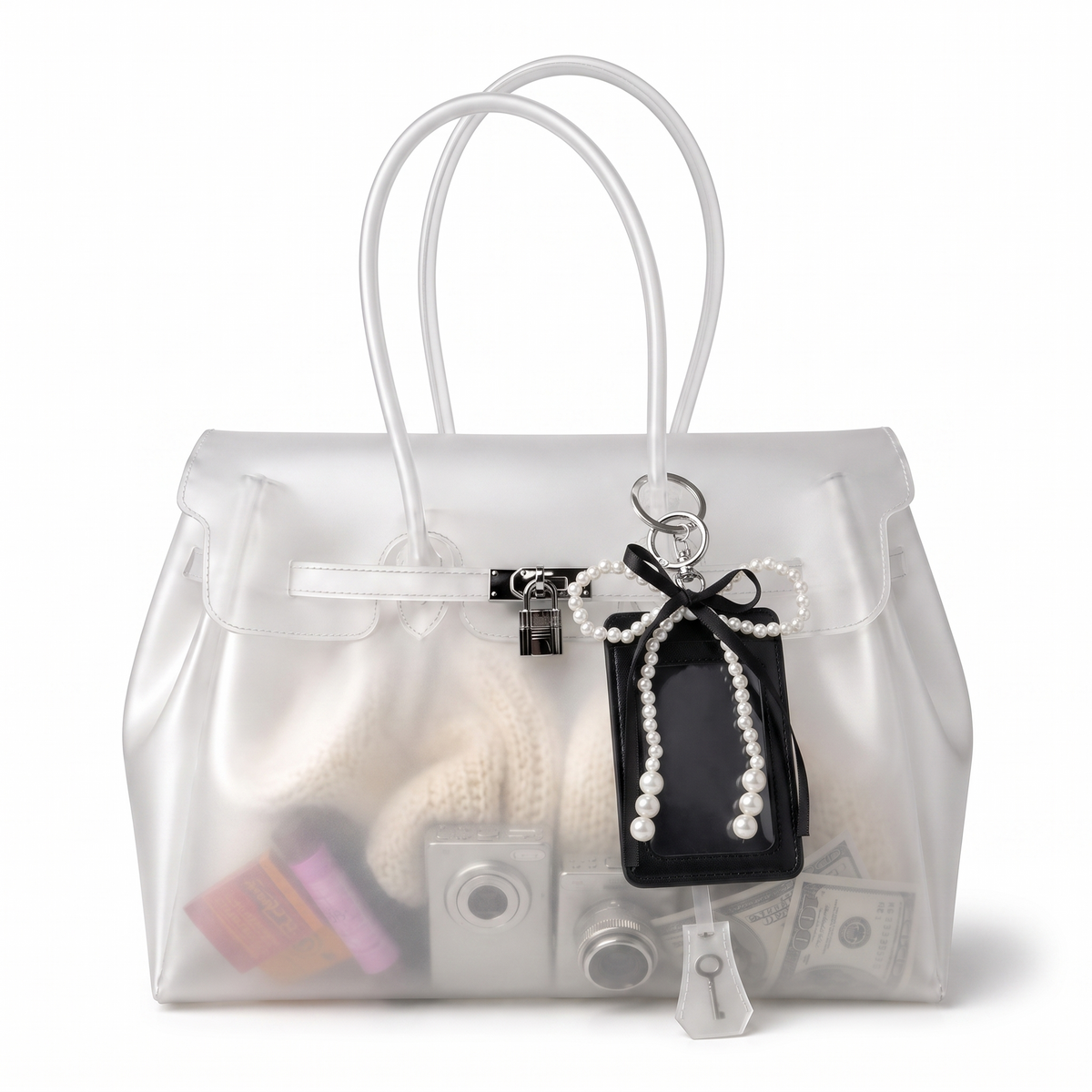 Porte-cartes noir au noeud de perles accroche a l anse d un sac cabas transparent Le MAGA edit
