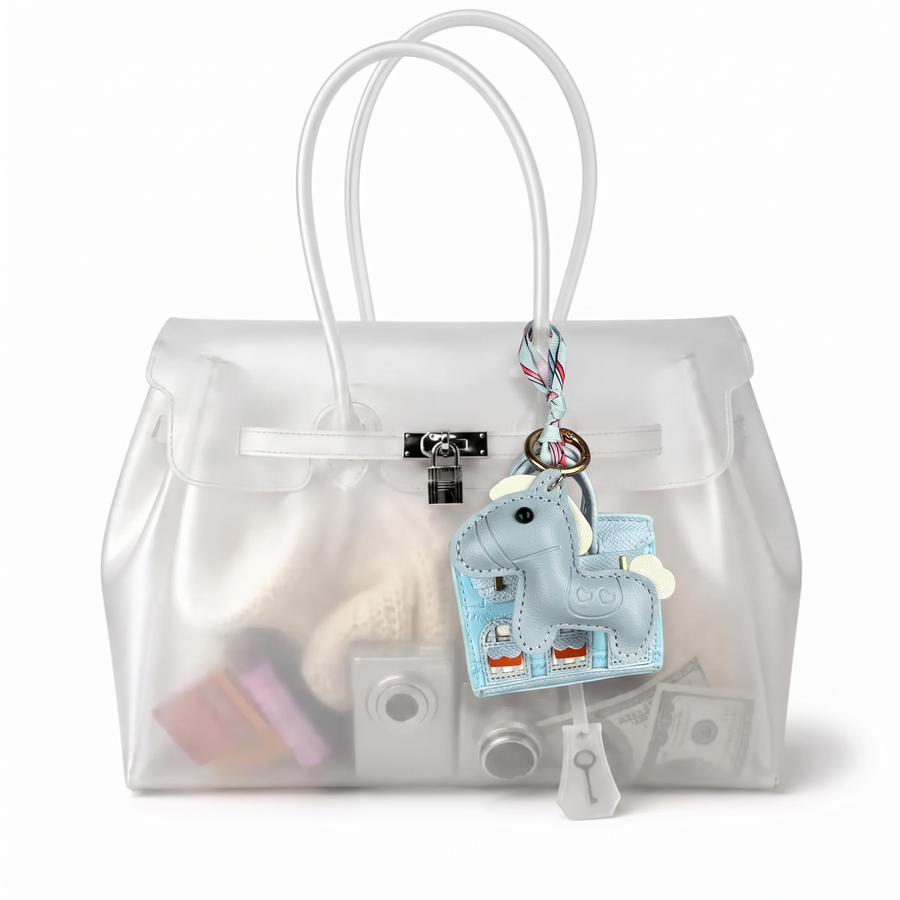 Mini Jelly coloris Bleu suspendu à l'anse du sac Jelly transparent