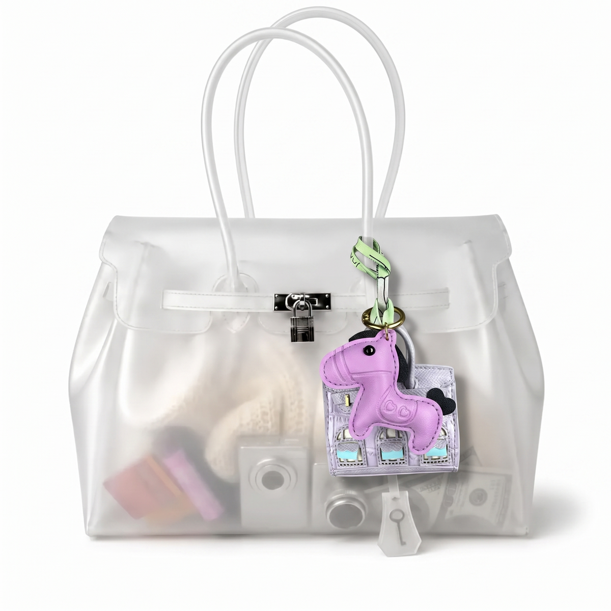 Mini Jelly coloris Violet suspendu à l'anse du sac Jelly transparent