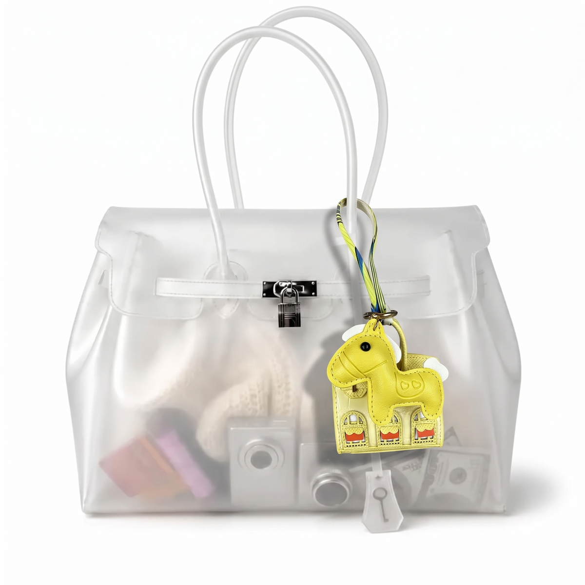 Mini Jelly coloris Jaune suspendu à l'anse du sac Jelly transparent